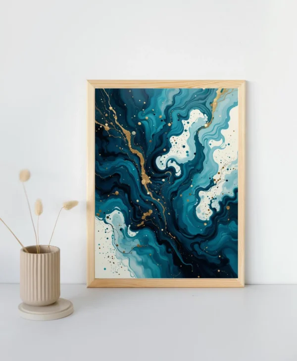 Abstract Fluid Art Print Set – Cosmic Teal and Navy Swirls with Gold Accents