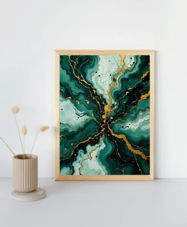 Set of 10 Emerald and Gold Wall Art - Abstract Marble Texture Prints - Large Green and Gold Living Room Decor